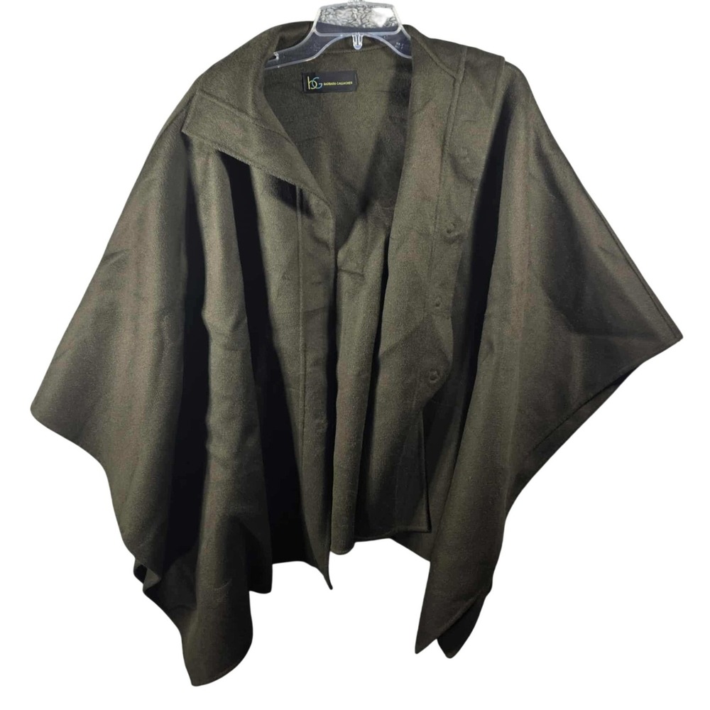 Barbara Gallacher Poncho Cape Olive Green Wool Blend Button Front Women One Size